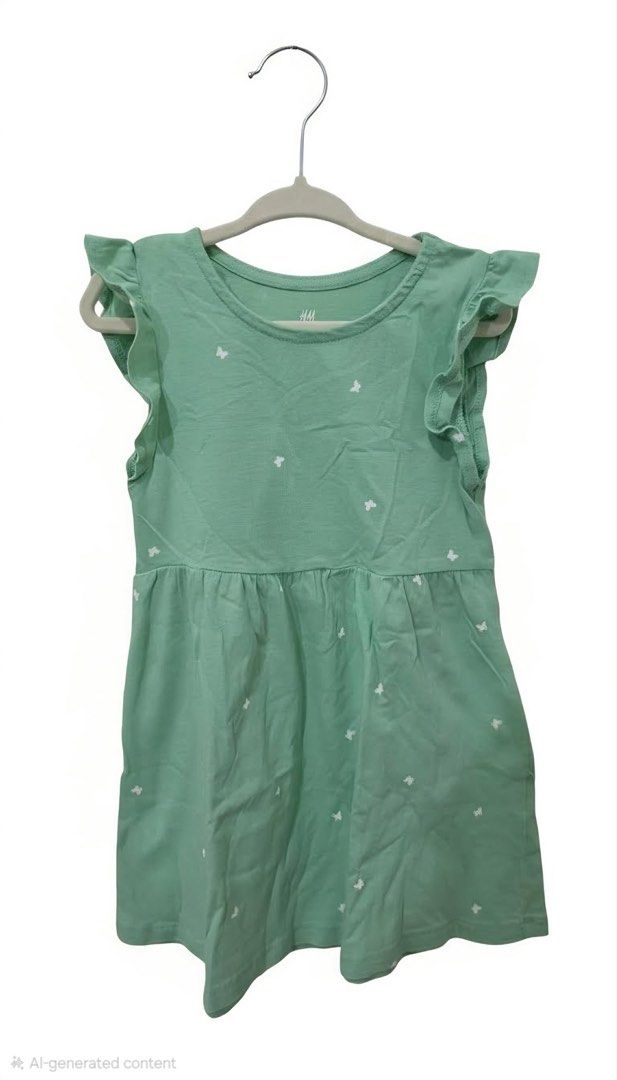 H&M Butterfly and Polka Dot Dresses (Category: Babies & Kids Fashion) located in Manila. Submitted by emjhay.e (Listing ID 1431993445, Image 1). Description: Adorable H&M dresses for baby girls. Features: - Round neckline - Flutter sleeves - Gathered waist Designs: - Mint green with white butterfly details - Light purple with colorful polka dots - Comfortable fit, ideal for everyday wear or special occasions..