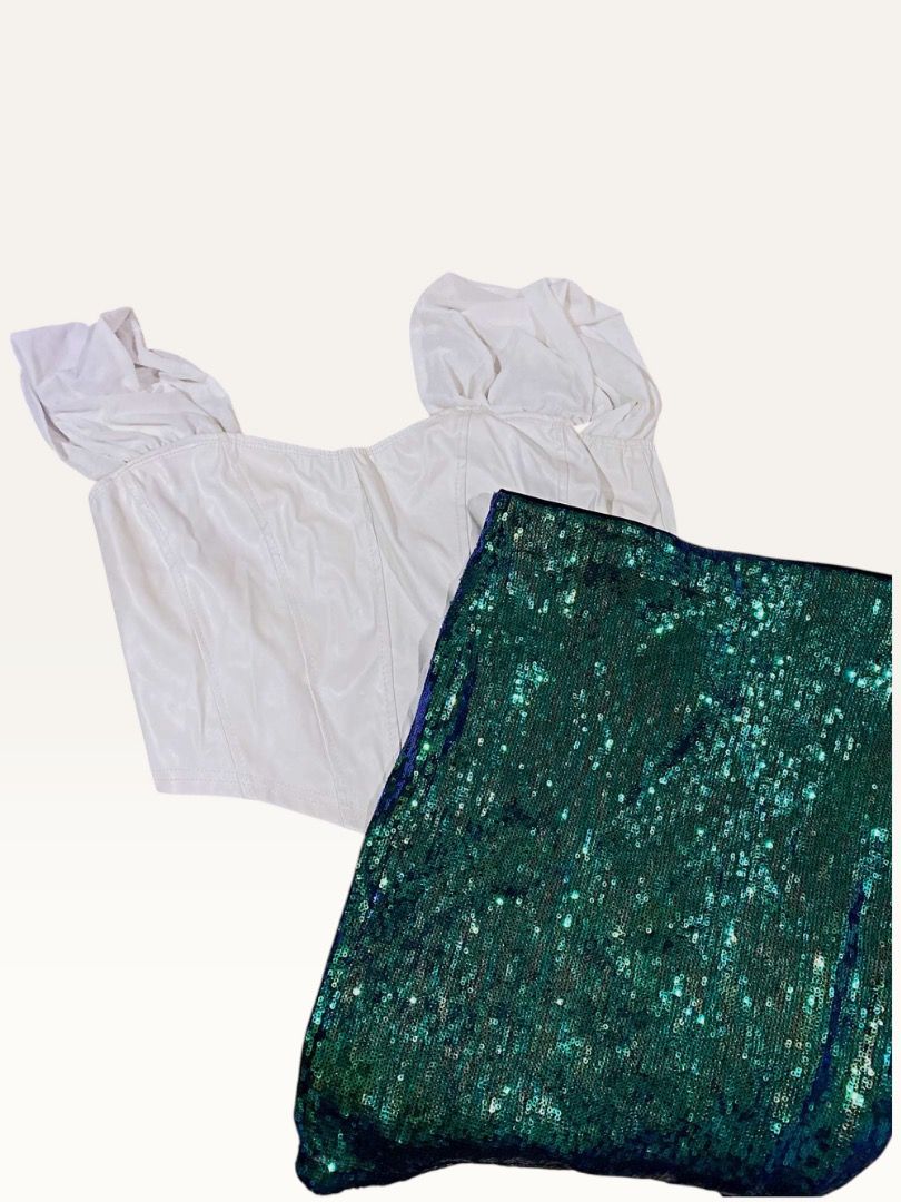 H&M Sequin Skirt and White Top Set (Category: Sets or Coordinates) located in Manila. Submitted by marsmarvelous (Listing ID 1431944008, Image 3). Description: ✨SALE✨ Php 249 only!! Used once only in SG for Taylor Swift concert! Perfect OOTD! - Green sequin skirt (size XS) with elastic waistband. - White top with sweetheart neckline and puff sleeves. (slightly discoloration on right off-shoulder - Medium on tag) - Ideal for special occasions or a
