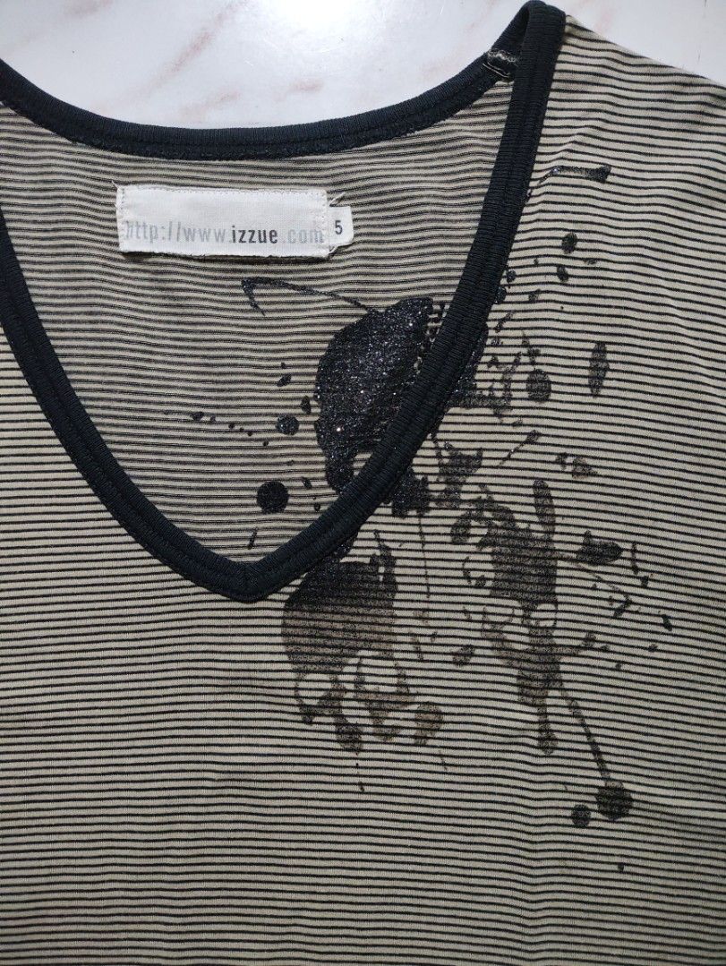 Izzue Skull Paint Splatter Striped Shirt (Category: Shirts) located in Pateros City. Submitted by ffuyume (Listing ID 1431962448, Image 2). Description: length - 27 width - 19 - in good condition - complete tags issue : stain on left sleeve hem.