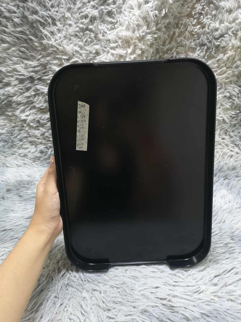 Japanese Style Rectangular Plastic Serving Tray (Category: Bakeware) located in Santa Cruz. Submitted by jmy_surplus.2 (Listing ID 1431825212, Image 1). Description: Size ; L - 26 W - 36 H - 4 Color ; Black Type ; Tray Brand ; No brand Material ; Plastic Style ; Black plastic Tray JMA JMY 5 Batch #198.