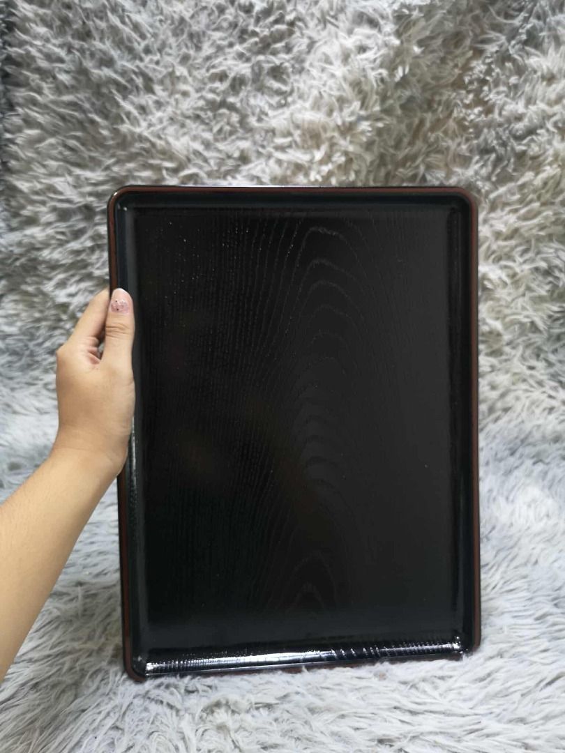 Japanese Wooden Style Serving Tray (Category: Bakeware) located in Santa Cruz. Submitted by jmy_surplus.2 (Listing ID 1431824838, Image 1). Description: Size ; L - 27 W - 36 H - 3 Color ; Black Type ; Tray Brand ; No brand Material ; Plastic Style ; Black Wooden Style Tray JMA JMY 5 Batch #198.
