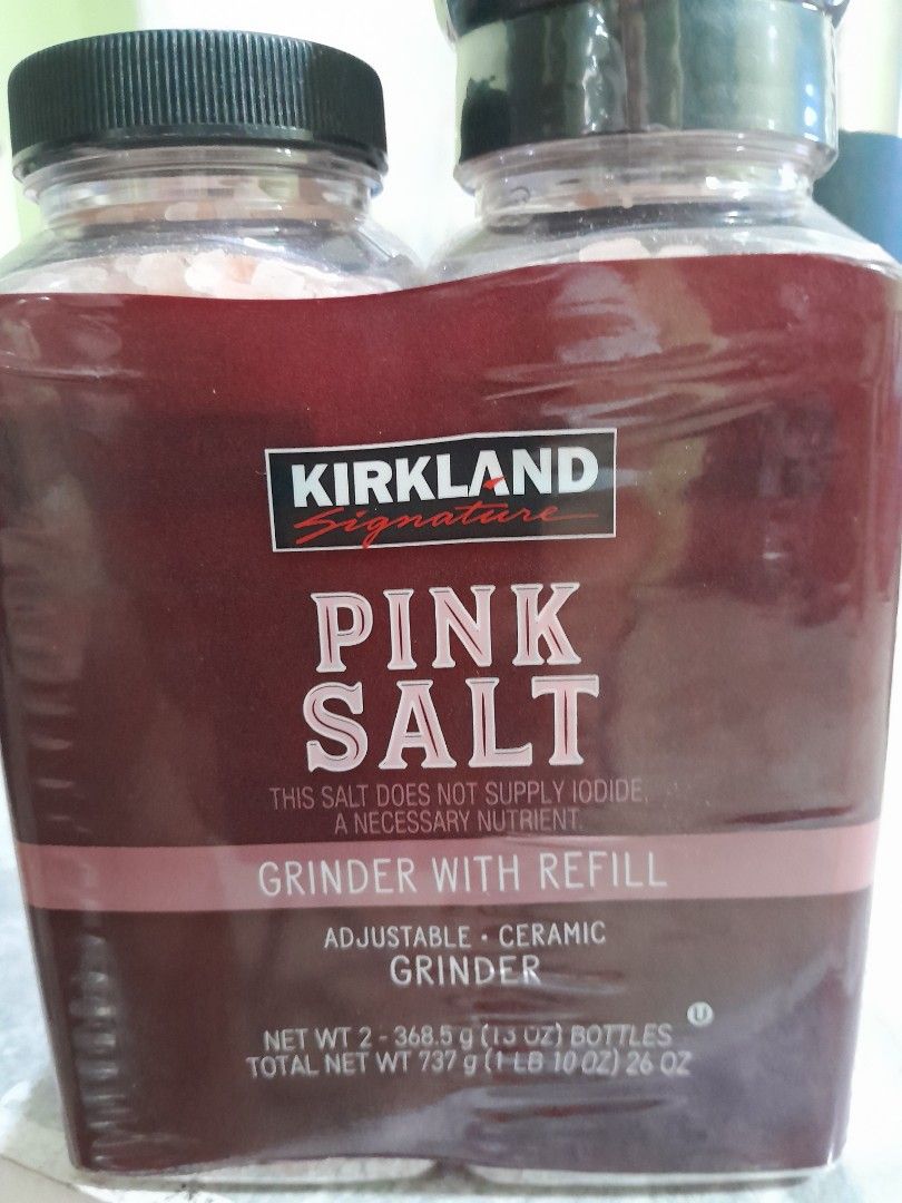 Kirkland Pink Salt grinder with refill (Category: Spice & Seasoning) located in Makati City. Submitted by mylynmylyn (Listing ID 1431910913, Image 2). Description: sealed item pink salt with grinder and refill 368.5 grams each.