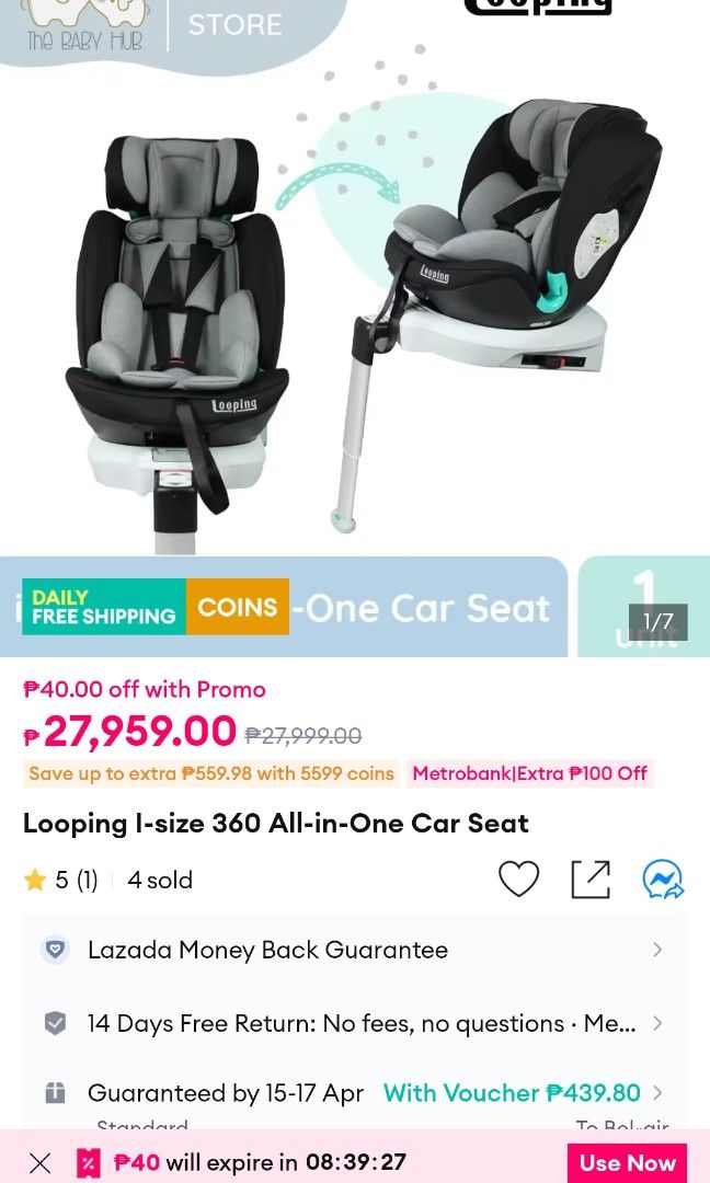 Looping 360 Car Seat (Category: Car Seats) located in Quezon City. Submitted by carizzacastelo (Listing ID 1431872524, Image 2). Description: - Looping 360 All-in-One Car Seat - 360-degree rotation for easy access - Follows safety standards.