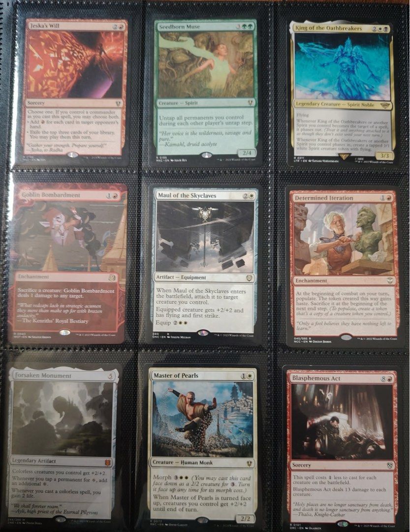 MTG Cards - Assorted Rare Cards EACH (Category: Raw Singles) located in Rizal. Submitted by heyninya (Listing ID 1431866200, Image 1). Description: Jeska's will = 2300 Seedborn Muse = 700 King of the Oathbreakers = 150 Goblin Bombardment = 400✨ Maul of the Skyclaves = 150 Determined Iteration = 600 Forsaken Monument = 500 Master Of Pearls = 150 Blasphemous Act = 200 Proft's Eidetic Memory = 600 Hedge Maze = 1300 Windcrag Siege = 250 Lifecrafter's