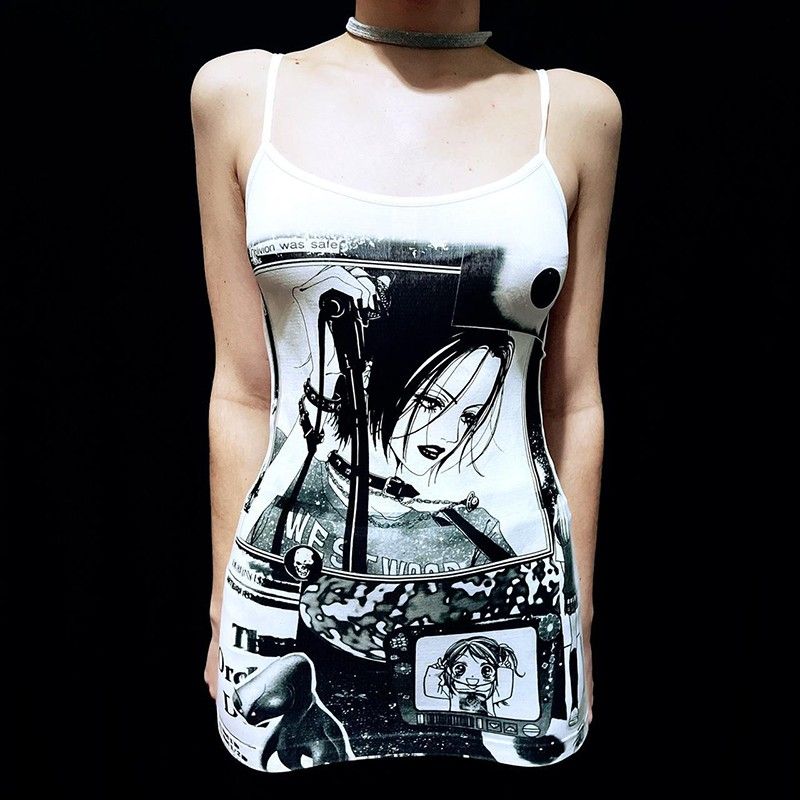 Nana Anime Print Tank Top (Category: Sleeveless) located in Manila. Submitted by saphoo (Listing ID 1431826975, Image 3). Description: Nana anime tank top. Black and white graphic print. Spaghetti straps. Fitted style..