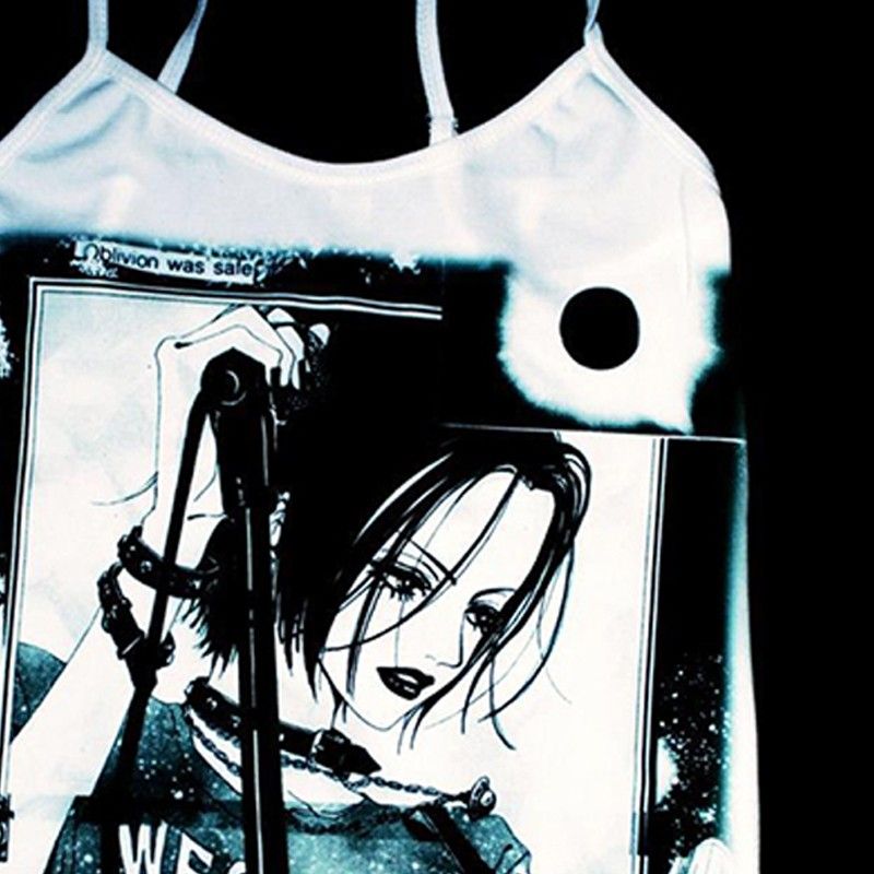Nana Anime Print Tank Top (Category: Sleeveless) located in Manila. Submitted by saphoo (Listing ID 1431826975, Image 2). Description: Nana anime tank top. Black and white graphic print. Spaghetti straps. Fitted style..