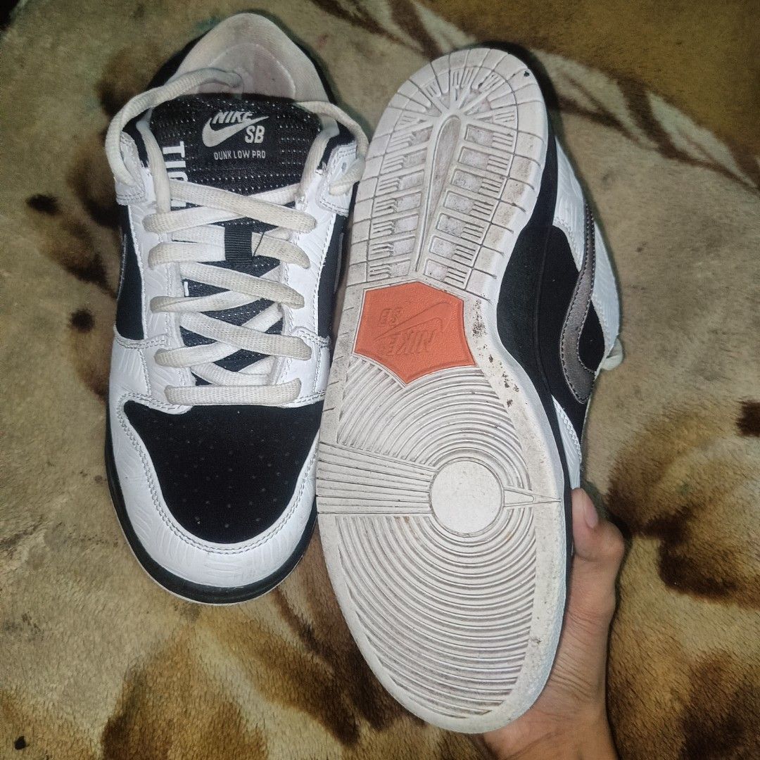 Nike SB Dunk Low Pro Black White (Category: Sneakers) located in Manila. Submitted by apparel_2025 (Listing ID 1431942794, Image 2). Description: - Nike SB Dunk Low Pro - Black and white colorway - Iconic Nike SB branding on the tongue - White laces - Black toe box - Shows wear on soles - Orange detail on insole - Size tag visible.