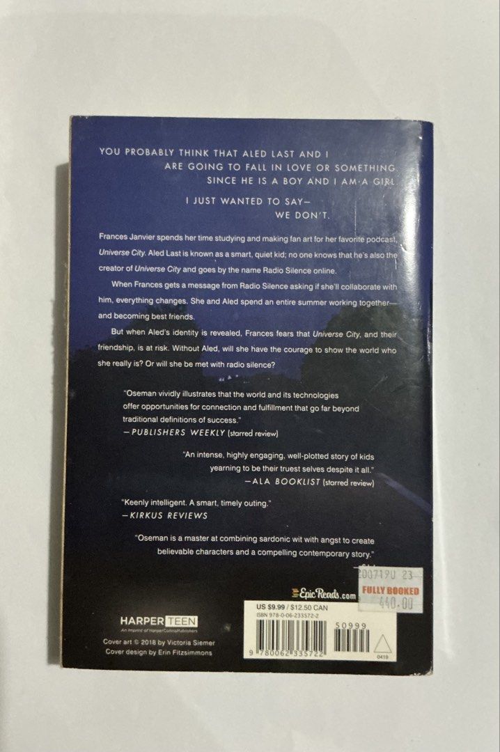 Radio Silence (Category: Storybooks) located in Batangas. Submitted by rmbeloso (Listing ID 1431920965, Image 2). Description: 📚 Radio Silence by Alice Oseman - paperback - slight yellowing of pages MOD: LBC MOP: Gcash / BPI Location: Lipa Batangas.