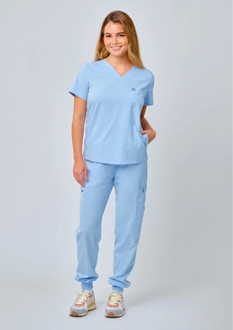 Sky Blue V-Neck Scrub Set (Category: Sets or Coordinates) located in Quezon City. Submitted by pritz (Listing ID 1431945039, Image 3). Description: White Coat Manila scrub set Light blue XS Php2,800 Used 1x o only.