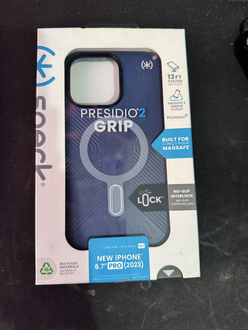 Speck Presidio Grip for iPhone 15 Pro Max with issue (Category: Cases & Sleeves) located in Quezon City. Submitted by rrrandomsellerrr (Listing ID 1431844405, Image 1). Description: has cosmetic issue, check pic but still wearable.