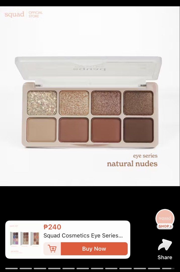 Squad Cosmetics Eye Series Palette & Blush (Category: Makeup) located in Cagayan de Oro. Submitted by elesee (Listing ID 1431925291, Image 3). Description: - Squad Cosmetics Eye Series palette (natural nudes) - Squad Happy Pot (Freshie) - Vice cosmetics lasting eyeliner (espresso) Both Squad swatched only. Not my shade Vice seldomly used. Take all.