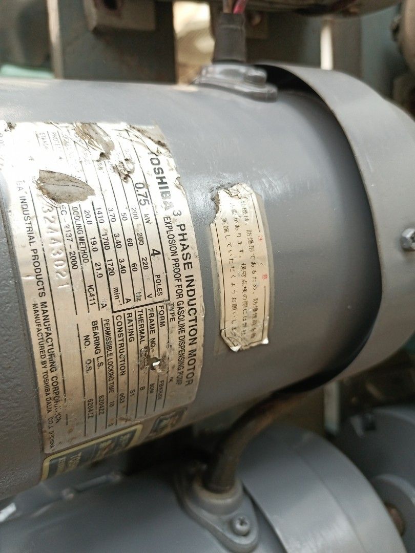 Super Line 1HP Three Phase Induction Motor (Category: Construction Tools & Equipment) located in Valenzuela. Submitted by richardgil49758 (Listing ID 1431814471, Image 3). Description: Three-phase induction motor. 1 HP (0.75kW), 4 pole. Model SF-JR. Rated voltage is 220V and 3.4A. Manufactured by Oriental Electric Industry Co. Ltd. Bearing is 6203ZZ and 6202ZZ. Ambient temperature is 40°C. Insulation class is F. Rated at 80°C..