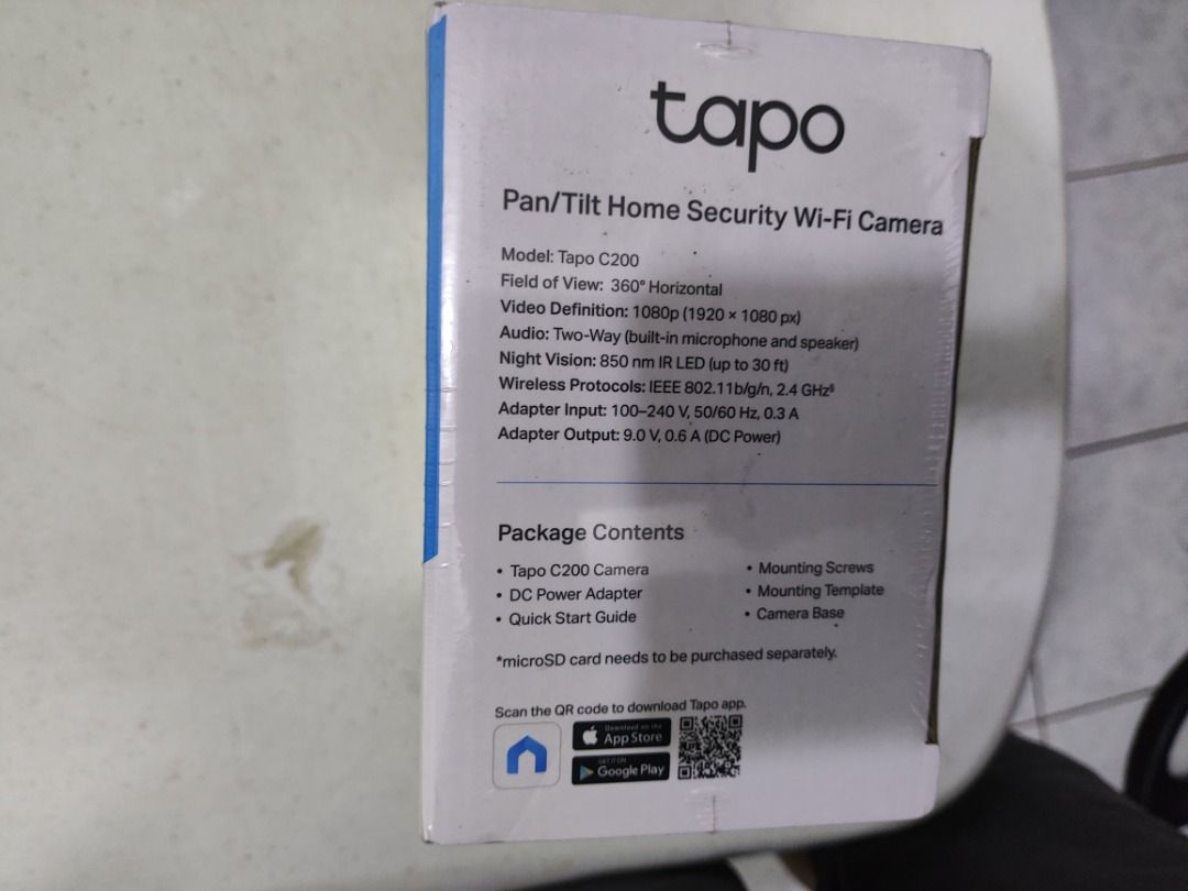 Tapo Pan/Tilt Home Security Wi-Fi Camera C200 (Category: Security Systems & CCTV Cameras) located in Caloocan City. Submitted by emil4865265 (Listing ID 1431997334, Image 2). Description: - Tapo C200 Wi-Fi Camera for home security. - 1080p High-Definition Video. - Night Vision up to 30ft. - Motion Detection. - 360° Horizontal Field of View. - Supports microSD card. - Package includes: Camera, power adapter, quick start guide, mounting screws, mou