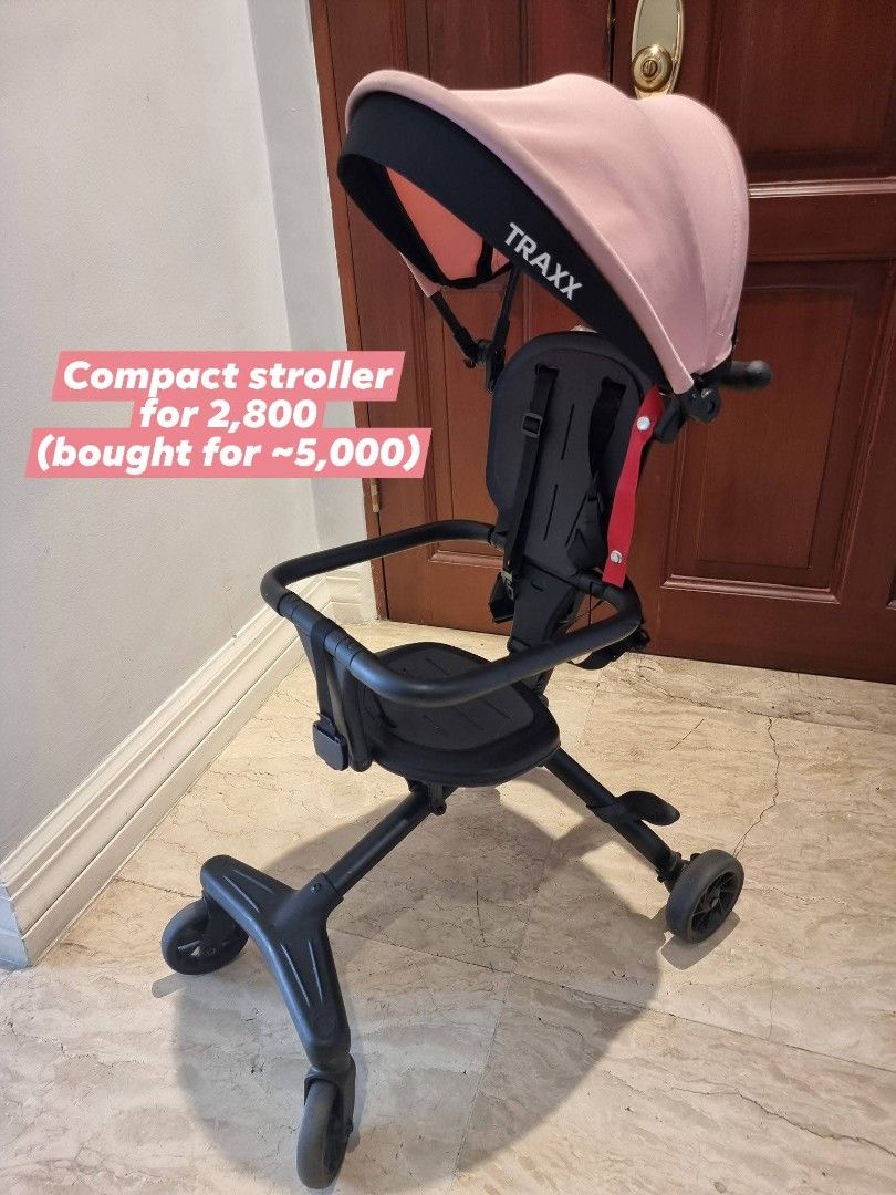 Traxx Compact Stroller (Category: Strollers) located in Quezon City. Submitted by carizzacastelo (Listing ID 1431872979, Image 1). Description: - Compact Traxx stroller - Pink canopy - Black frame and seat - Foldable for easy storage - Originally ₱5,000, now selling for ₱1,800.