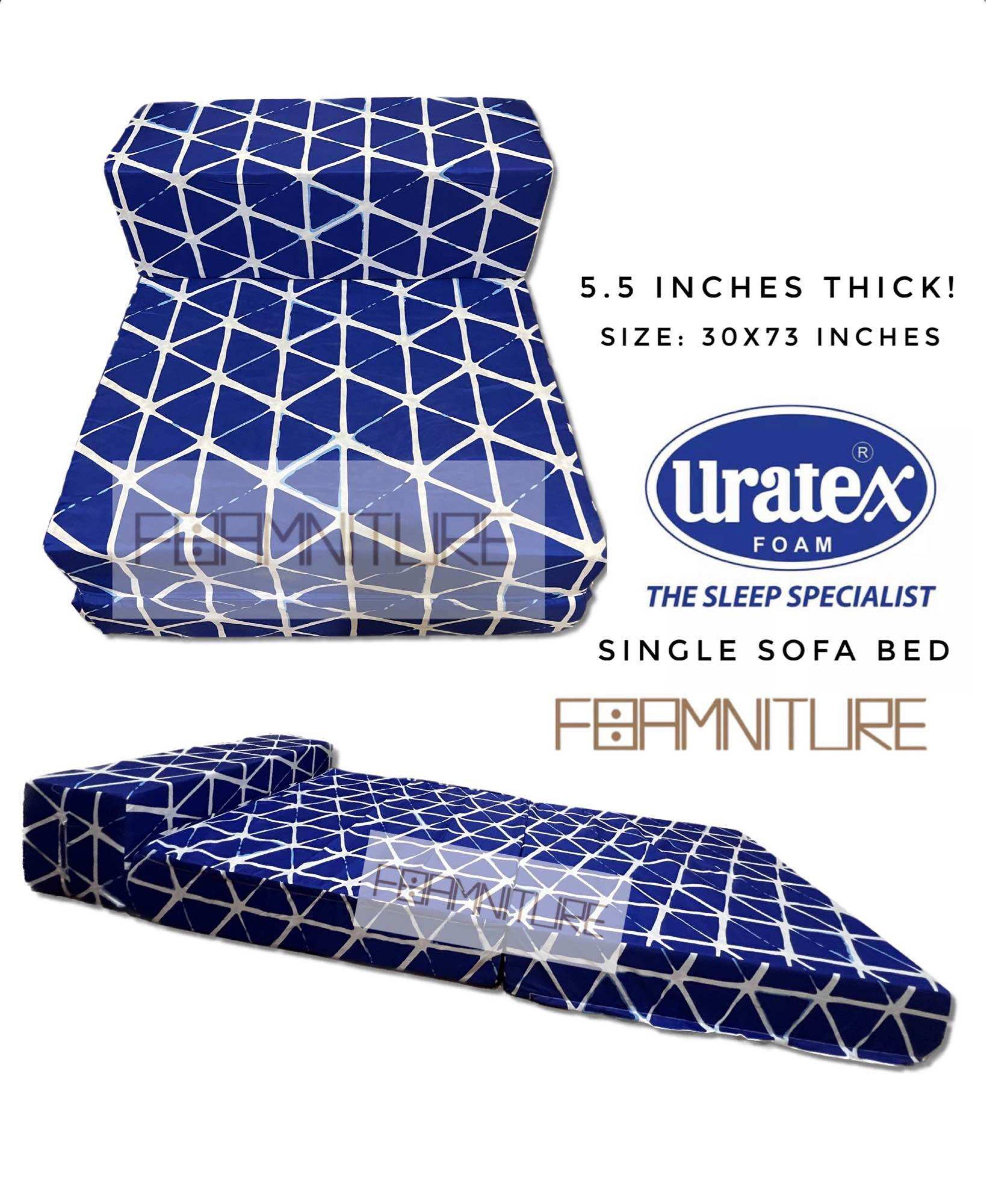 Uratex Single Sofa Bed (Category: Sofas) located in Manila. Submitted by khazie. (Listing ID 1431965650, Image 1). Description: - Uratex single sofa bed - 5.5 inches thick - Dimensions: 30x73 inches - Stylish blue and white geometric pattern - Versatile: Sofa or bed - Brand: Uratex.