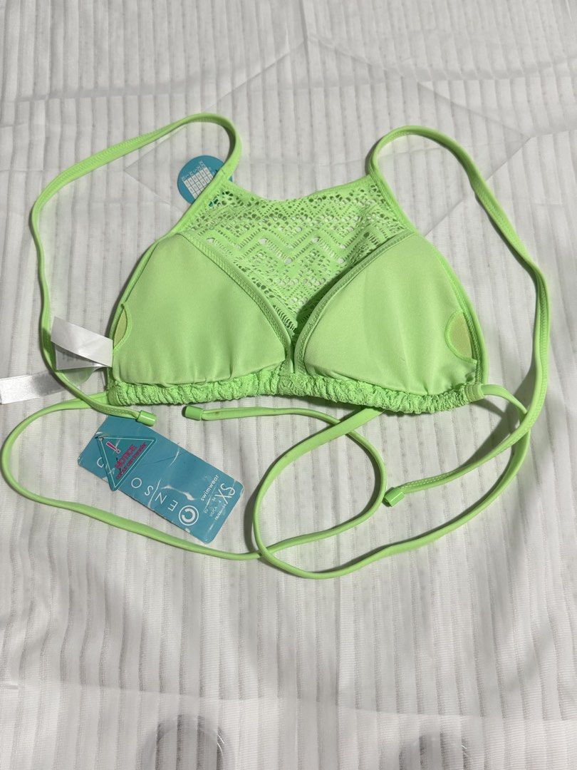 XS Neon Green Bikini TOP ONLY (Category: Bikinis & Swimsuits) located in Las Pinas. Submitted by itb.insidethebox (Listing ID 1431980148, Image 2). Description: - Neon green bikini top - Halter neck design - Crochet-like pattern - Adjustable straps - Size: XS - New with tags with WASHABLE STAINS DUE TO STORING PADDED & SELF TIE.