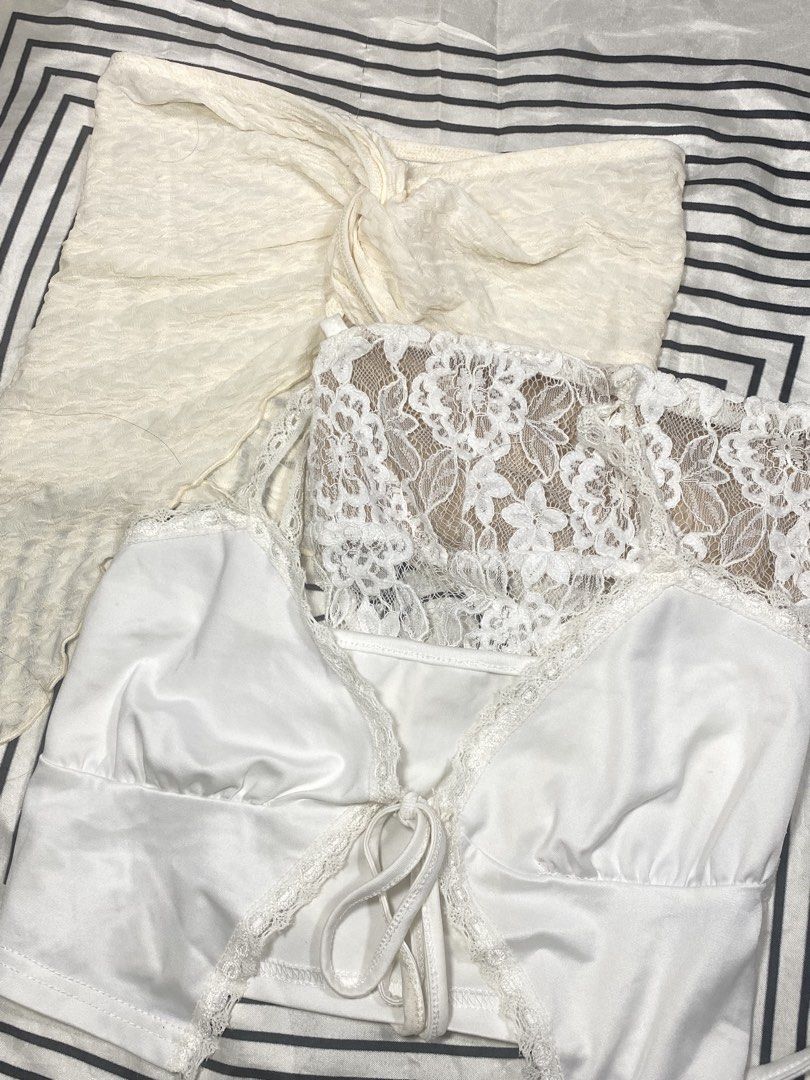 3 pcs White Lace and Satin Tops Set (Category: Blouses) located in Taguig. Submitted by _rosiesells (Listing ID 1432071462, Image 2). Description: Perfect for casual wear and beach outfits! 250 take all.
