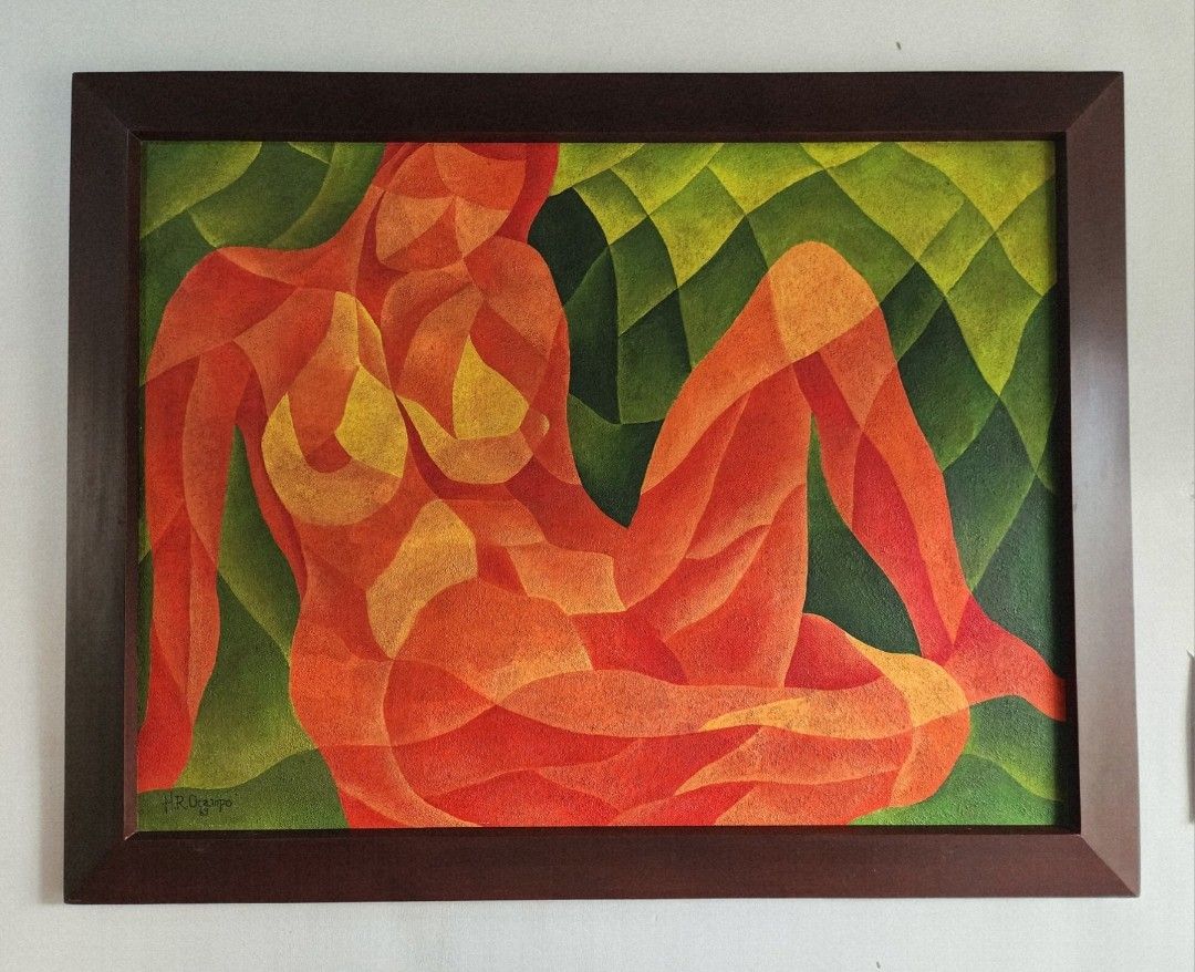 Abstract Nude Painting with Frame (Category: Art & Prints) located in Manila. Submitted by llenh (Listing ID 1432072476, Image 1). Description: H.R Ocampo 2x3ft lost paper Original abstract painting featuring a reclining nude figure. The artwork uses a vibrant palette of reds, oranges, and yellows against a green background. It is framed in a dark brown wooden frame. The artist's signature is visible in the bottom left corner..