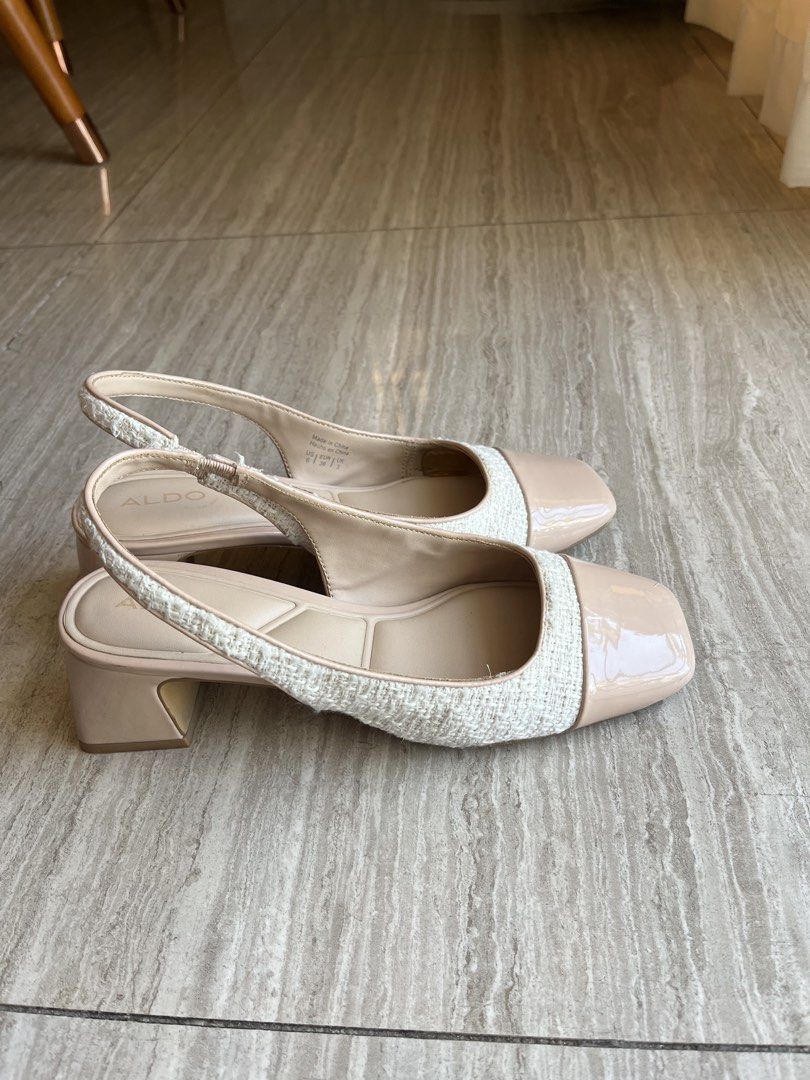 Aldo Slingback Heels - Size 6 (Category: Heels) located in Cavite. Submitted by letsgosab (Listing ID 1432196021, Image 2). Description: - Aldo slingback heels - Size 6 - Square toe design - Beige patent leather cap - Woven fabric upper - Block heel - Made in China - Minor scuffs on heel.