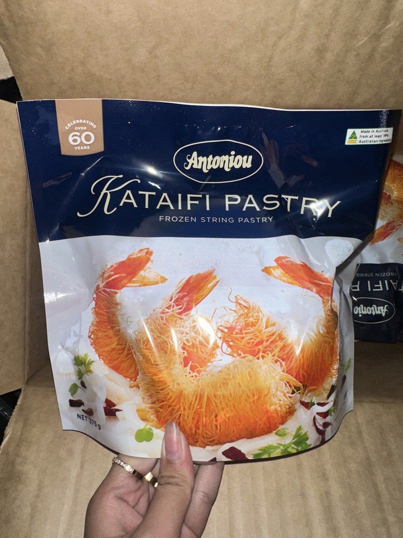 Antoniou Kataifi Pastry 375g (Category: Homemade Bakes) located in Marikina City. Submitted by zhaaamcarts (Listing ID 1432029438, Image 1). Description: 🇦🇺 PRODUCT OF AUSTRALIA 120 packs available used for dubai chewy cookie.