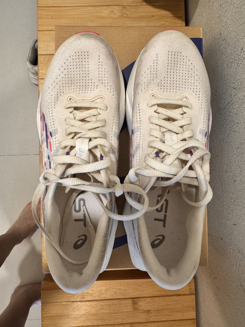 Asics Sonicblast Women's Running Shoes - Size 6.5 (Category: Sneakers) located in Singapore. Submitted by rosyappy (Listing ID 1432102136, Image 3). Description: - Asics Sonicblast running shoes - Size: US 6.5, EUR 37.5 - Color: Cream/Blue Fade - Condition: Good, with light wear on soles and uppers - Includes original box.