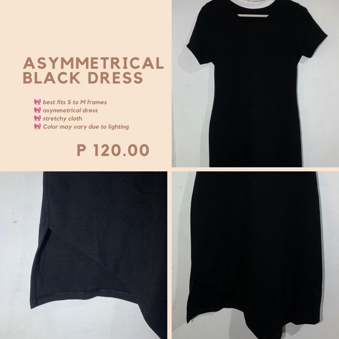 Asymmetrical Black Dress (Category: Dresses) located in Cebu City. Submitted by dreyabbydeclutters (Listing ID 1432110960, Image 1). Description: - Black asymmetrical dress - Stretchy fabric - Fits S to M frames - Price: ₱120.00 - Please note: Color may slightly vary due to lighting..