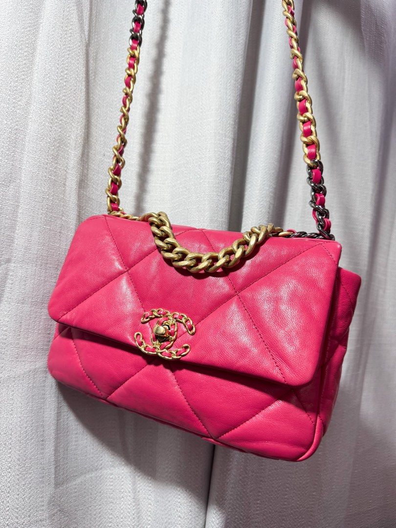 AUTHENTIC Chanel 19 (C19) Small in Hot Pink Leather and Mixed Hardware (Category: Luxury Bags & Wallets) located in Quezon City. Submitted by closetofcoco (Listing ID 1432051290, Image 1). Description: For faster replies, message our IG: theclosetofcoco GUARANTEED AUTHENTIC NO LOW BALLING.