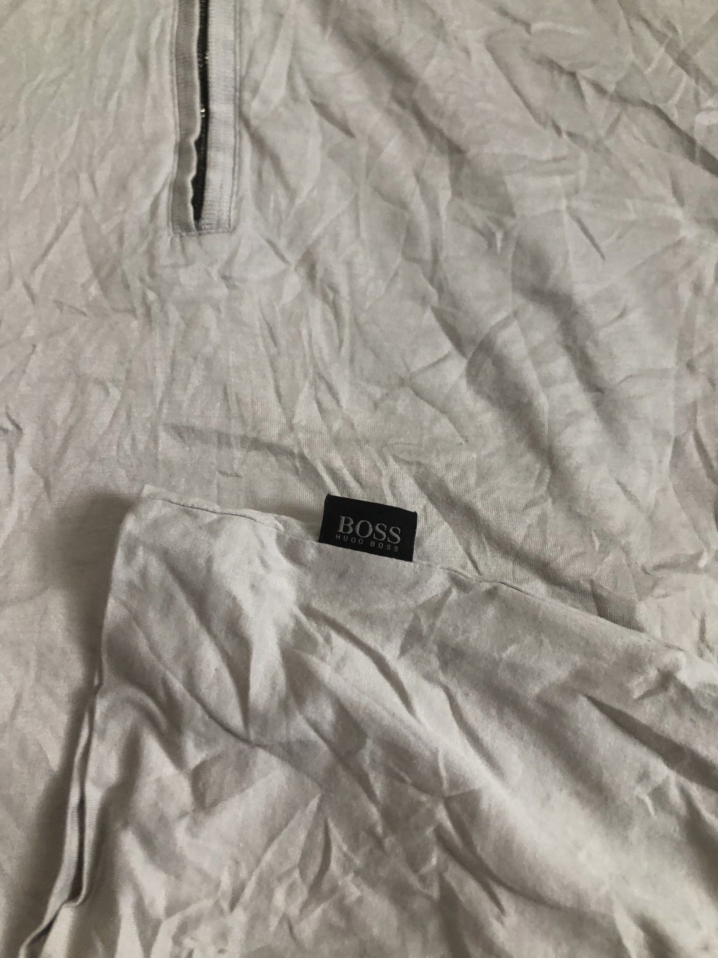 BOSS Hugo Boss Polo Shirt (Category: Tshirts & Polo Shirts ) located in Binalbagan. Submitted by kianbenedict024 (Listing ID 1432048601, Image 3). Description: - BOSS Hugo Boss polo shirt - Color: Gray - Features: Zip-up collar, short sleeves - Design: BOSS logo detail - Origin: Made in Romania - Size: Not specified.