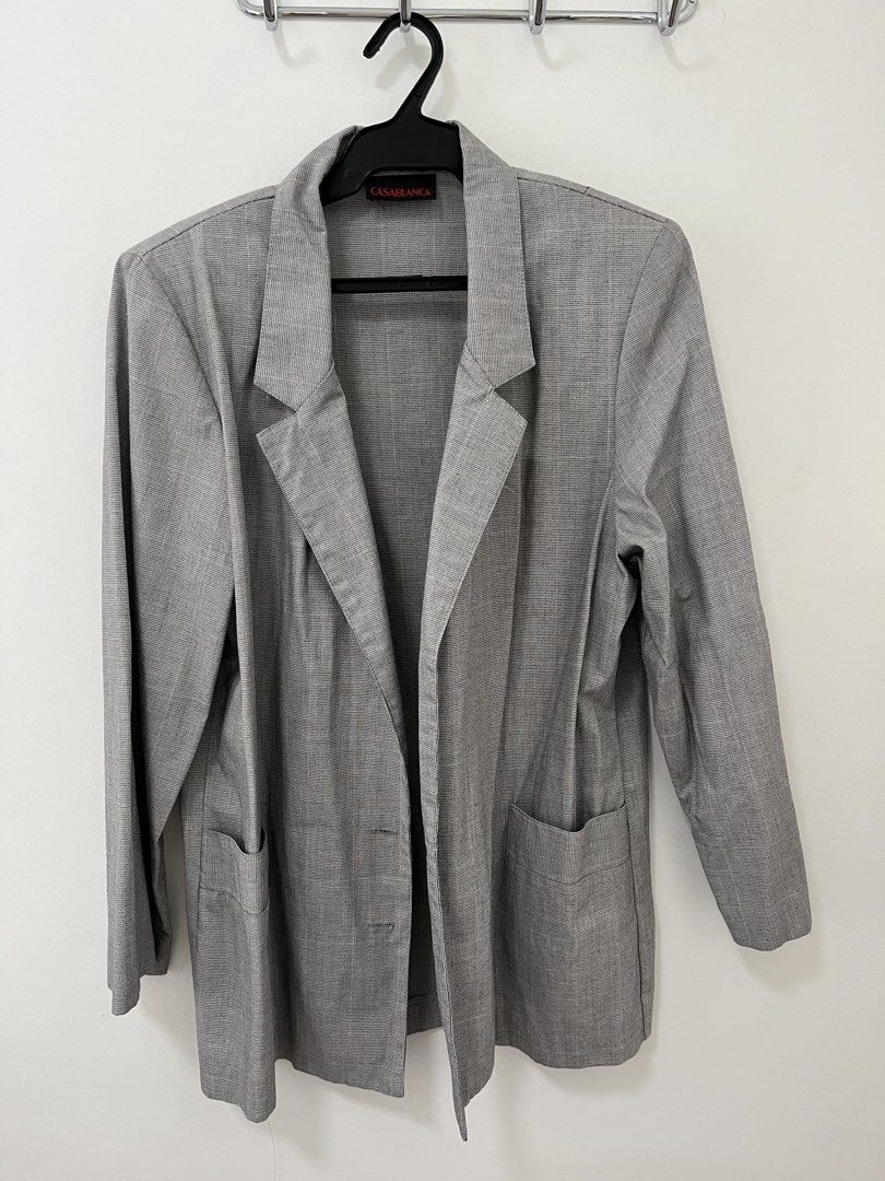 Casablanca Gray Blazer (Category: Coats, Jackets and Outerwear) located in Cavite. Submitted by letsgosab (Listing ID 1432195604, Image 1). Description: - Casablanca gray blazer - Classic design - Notched lapel - Two front pockets - Single-button closure - Long sleeves - Tailored fit - Casablanca logo visible - Subtle textured pattern.