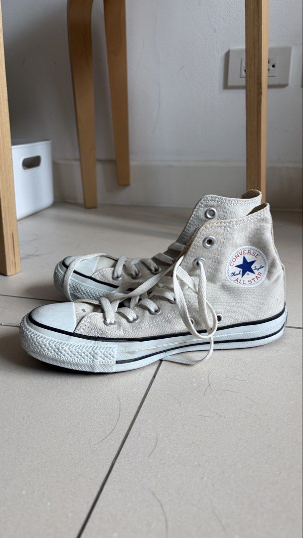 Converse Chuck Taylor All Star High Top Eggshell (Category: Sneakers) located in Quezon City. Submitted by quackstack (Listing ID 1432070563, Image 2). Description: - Classic Converse Chuck Taylor All Star high-top sneakers - Features the iconic All Star patch - White laces and rubber toe cap - Black stripe on soles.