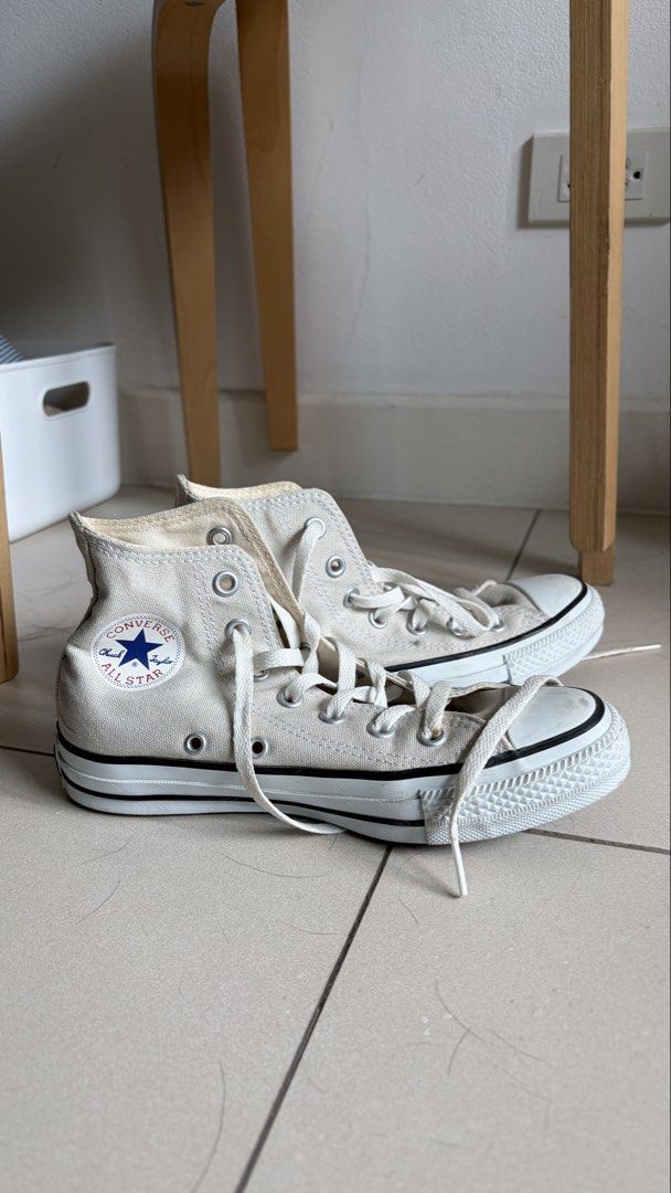 Converse Chuck Taylor All Star High Top Eggshell (Category: Sneakers) located in Quezon City. Submitted by quackstack (Listing ID 1432070563, Image 1). Description: - Classic Converse Chuck Taylor All Star high-top sneakers - Features the iconic All Star patch - White laces and rubber toe cap - Black stripe on soles.