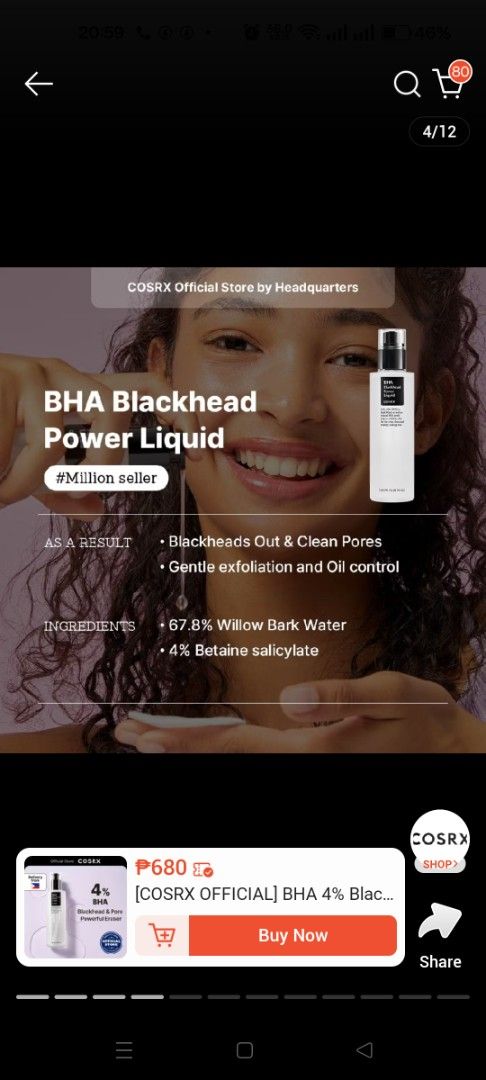 COSRX BHA Blackhead Power Liquid 100ml (Category: Face Care) located in Los Banos. Submitted by donnaalbay47990 (Listing ID 1432014661, Image 3). Description: - Removes blackheads and controls oil. - Contains 67.8% Willow Bark Water and 4% Betaine Salicylate. - Penetrates pores to exfoliate blackheads. - Helps maintain moisture levels. - Apply with a cotton pad to problem areas..