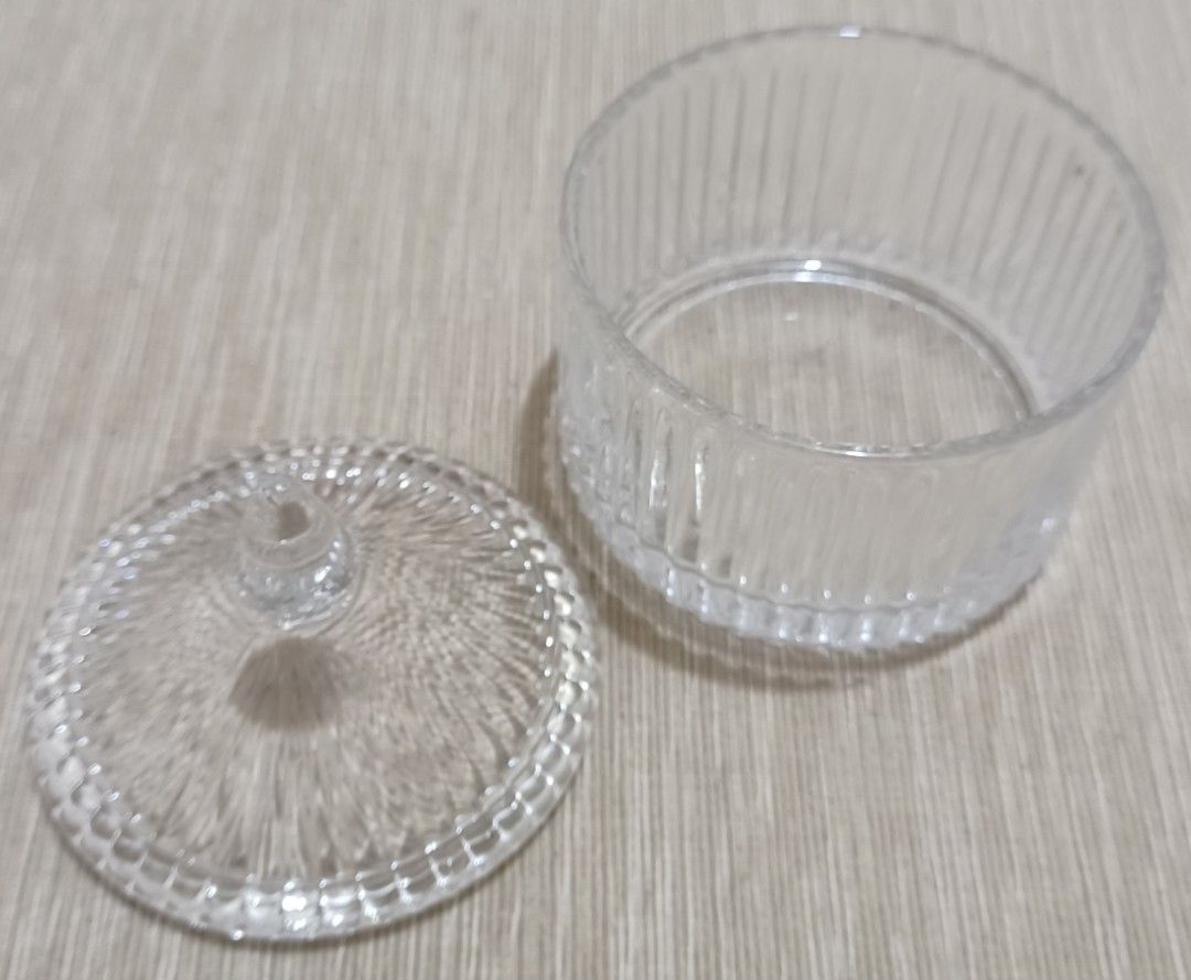 Diamonds Glass Candy Jar with Lid (Category: Food Organization & Storage) located in Quezon City. Submitted by wjmae (Listing ID 1432058840, Image 2). Description: - Elegant glass candy jar - Ribbed design on jar and lid - Approximately 3 inches diameter - Comes with original box - Ideal for candies, small items, or decoration.