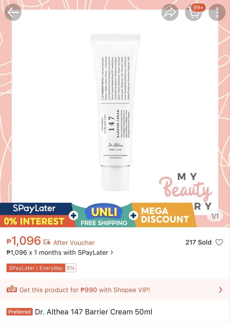 Dr. Althea 147 Barrier Cream 50ml (Category: Face Care) located in Cebu City. Submitted by andkayley (Listing ID 1432081517, Image 2). Description: Dr. Althea 147 Barrier Cream (Lightly Used – 85% Full) Nourishing K-beauty moisturizer designed to support and strengthen the skin barrier. Product: Dr. Althea 147 Barrier Cream Condition: Lightly used – approx. 85% full Original Price: ₱1,096 Selling Price: ₱700 Rich yet lightweight texture, suitable