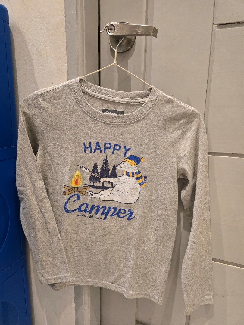 Eddie Bauer Kids Long Sleeve Shirts - Bundle (Category: Babies & Kids Fashion) located in Valenzuela. Submitted by lgenn (Listing ID 1432100360, Image 3). Description: - Bundle of three Eddie Bauer long sleeve shirts. - Includes: - Gray and blue shirt - Gray shirt with "Happy Camper" graphic - Navy blue shirt with "Eddie Bauer" graphic - Size: S (7/8) - Condition: Good.