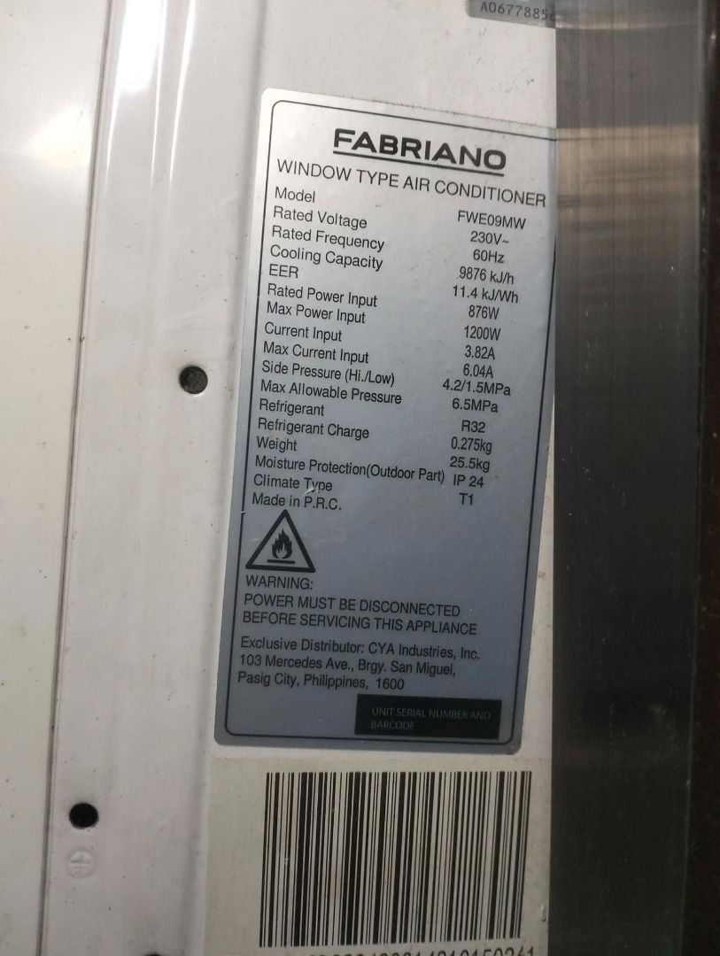 Fabriano Window Type Air Conditioner FWE09MW 1.0hp (Category: Air Conditioning and Heating) located in Manila. Submitted by dominusrex23 (Listing ID 1432048948, Image 2). Description: - Fabriano Window Type Air Conditioner 1.0hp - Model: FWE09MW - Voltage: 230V, Frequency: 60Hz - Cooling Capacity: 9676 kJ/h - Max Power Input: 876W - Features a digital display and control panel - Color: White with blue accent - Includes a side vent.