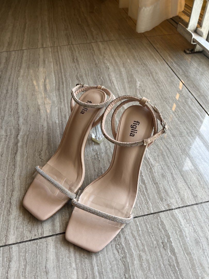 Figlia Heels with Rhinestone Straps (Category: Heels) located in Cavite. Submitted by letsgosab (Listing ID 1432196163, Image 3). Description: - Figlia heels - Nude color - Rhinestone-studded straps - Clear block heel - Size 36 - Square toe - Ankle strap with buckle - 'Figlia' brand visible on insole.