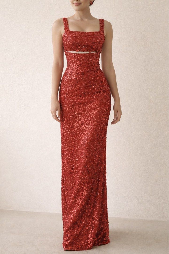 [For Rent] Red Sequin Evening Gown with Cape (Category: Evening dresses & gowns) located in Taguig. Submitted by wornbyangela (Listing ID 1432054304, Image 3). Description: - Red sequin evening gown - Fitted bodice with cutout - Floor-length skirt - Matching sheer cape included (can be removed if needed) - Ideal for formal events and special occasions - Designed to make a statement.