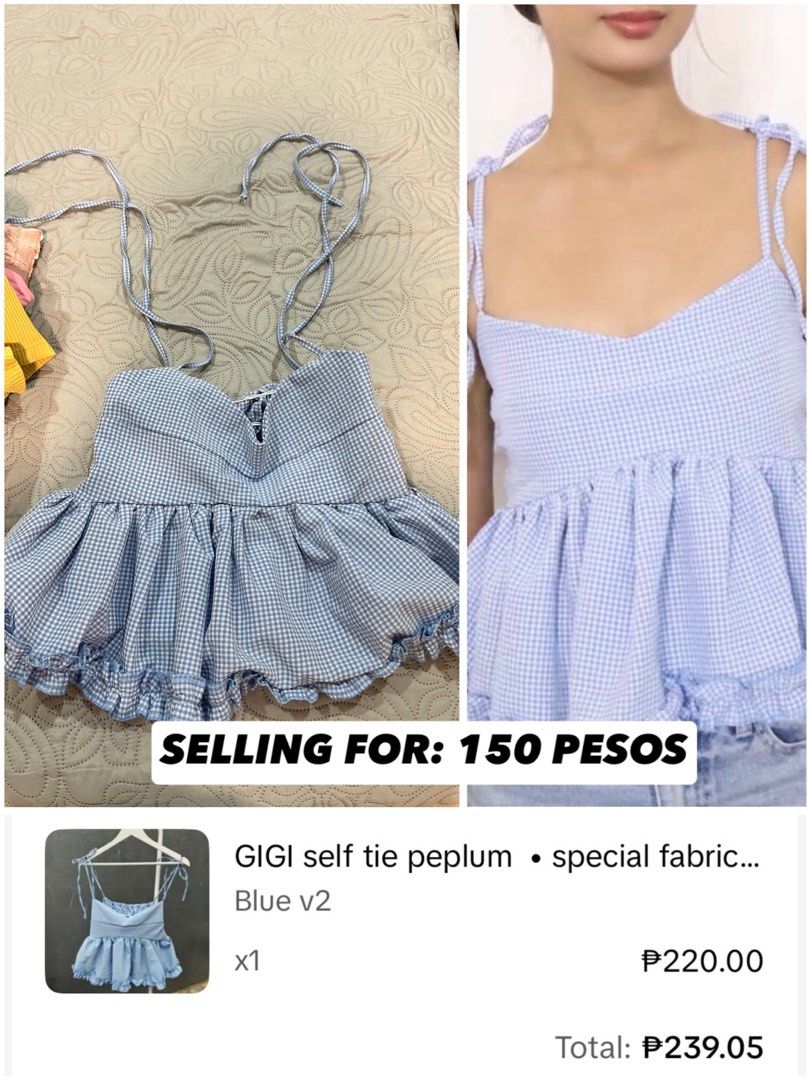 GIGI Self Tie Peplum Top - Blue (Category: Sleeveless) located in Manila. Submitted by samisellstuff (Listing ID 1432175786, Image 1). Description: 🔴 LAST PRICE NA ANG EVERYTHING :) 🔴 LOCATION: grand monaco la potenza, monaco avenue, pasig city 🔴 PAYMENT: STRICTLY gcash only. PAY BEFORE SHIPPING 🔴 DELIVERY: if ASAP - lalamove, if WILLING TO WAIT - J&T 🔴 no measurements, wala po akong pang measure :( 🔴 my measurements for reference - height: