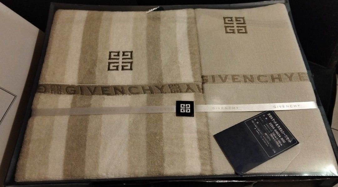 Givenchy Towel and Towel Sheet Set (Category: Bedding & Towels) located in Davao. Submitted by mmaaeerrr (Listing ID 1432168381, Image 2). Description: - Givenchy towel and towel sheet set - Includes: towel blanket (145cm x 190cm) and towel sheet (150cm x 240cm) - Material: 100% cotton - Features Givenchy logo and branding - Brand new with original packaging and tags.