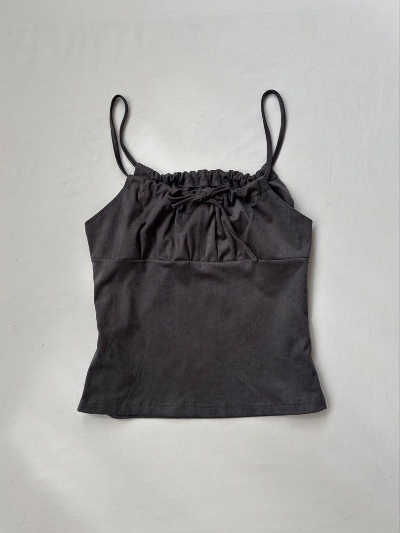 gray velvet gathered tie top (Category: Sleeveless) located in Pateros City. Submitted by threadedtogether (Listing ID 1432112730, Image 1). Description: original price: price best fits: s-m ✿ 100% cotton, thick hq fabric [model 2: size s-m | b33” | w27.5” | h37” | h5’1” ] 💌 dm for questions and additional measurements 📦 J&T or SDD ⭐ first to pay basis .