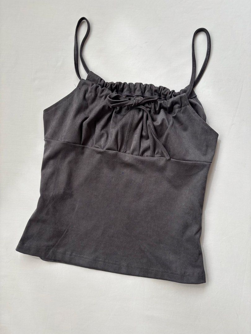 gray velvet gathered tie top (Category: Sleeveless) located in Pateros City. Submitted by threadedtogether (Listing ID 1432112730, Image 2). Description: original price: price best fits: s-m ✿ 100% cotton, thick hq fabric [model 2: size s-m | b33” | w27.5” | h37” | h5’1” ] 💌 dm for questions and additional measurements 📦 J&T or SDD ⭐ first to pay basis .