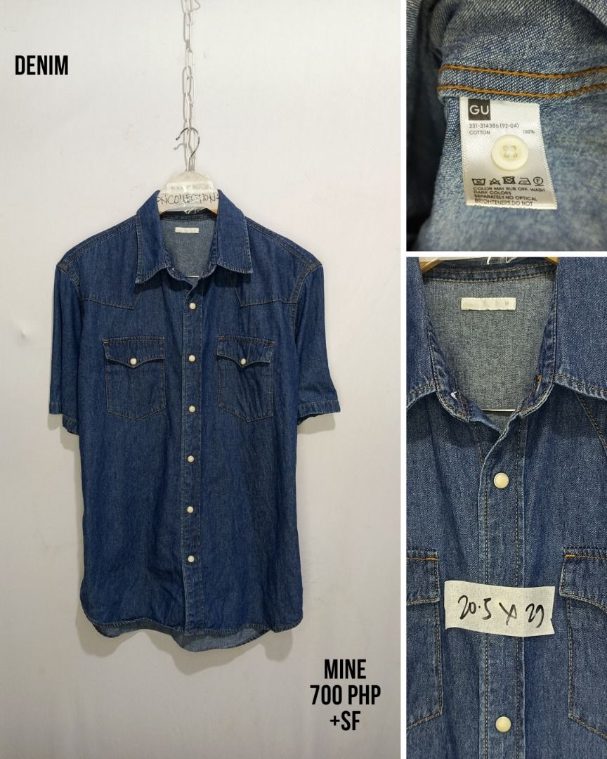 GU Denim Short Sleeve Shirt (Category: Shirts) located in Balamban. Submitted by pncollectionph (Listing ID 1432119796, Image 1). Description: - GU Denim Short Sleeve Shirt - Size: M - Color: Classic Blue Denim - Material: 100% Cotton - Features: Two chest pockets, button closures - Measurements: 20.5 x 29.