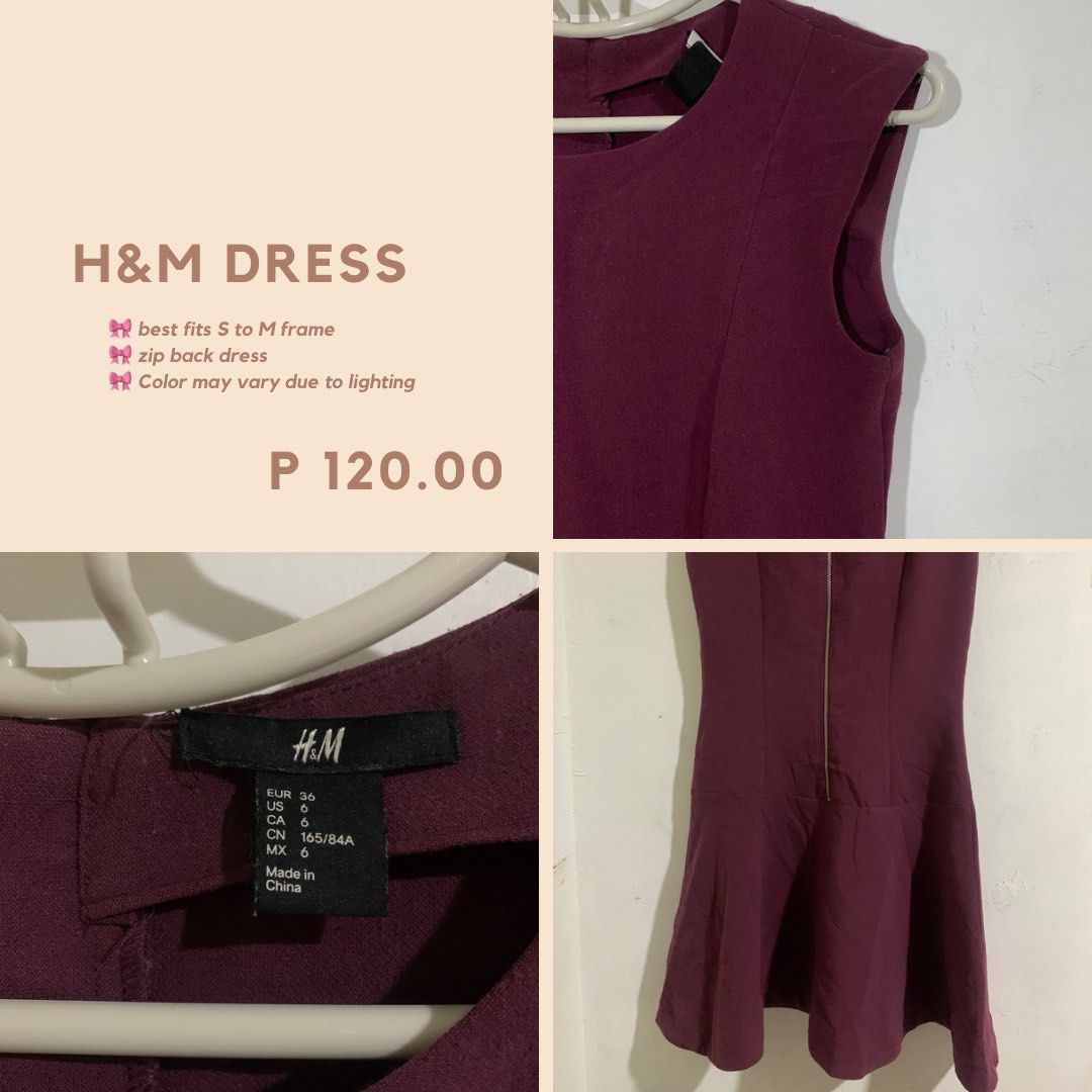H&M Dress - Burgundy (Category: Dresses) located in Cebu City. Submitted by dreyabbydeclutters (Listing ID 1432110675, Image 1). Description: - H&M burgundy dress - Size: EUR 36, fits S-M frame - Features: Zip back, flattering silhouette - Made in China - Size details: US 6, CA 6, CN 165/84A, MX 6.
