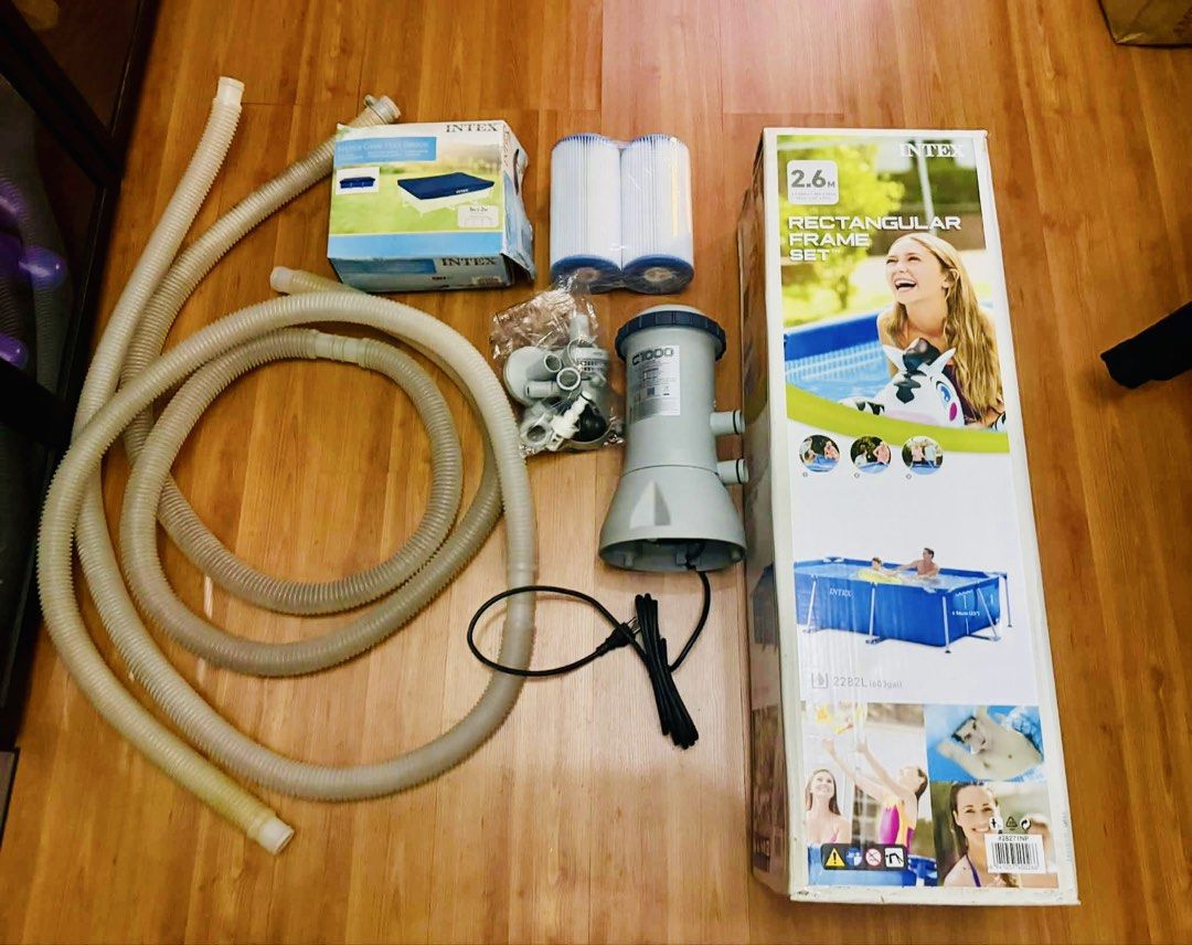 Intex Metal Frame Swimming Pool SET (Category: Water Sports) located in Mandaluyong City. Submitted by voltprime (Listing ID 1432123253, Image 2). Description: -Used complete. Goods lahat free na 2pcs bago filters. - Intex Rectangular Metal Frame Above Ground Swimming Pool - Dimensions: 2.6m x 1.6m - Includes: Filter pump, filter cartridges, pool cover, hoses, and accessories - Ideal for family fun and relaxation - Beat the heat this summer! - RF