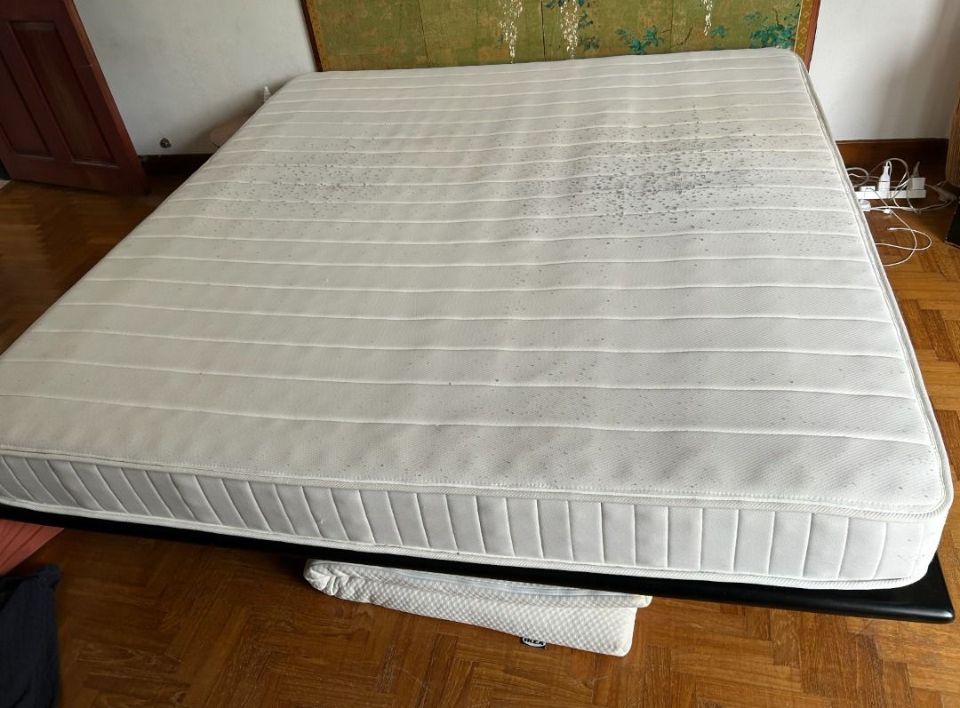 King Size Designer Bed Frame & Mattress (Category: Bed Frames & Mattresses) located in Singapore. Submitted by dapanson (Listing ID 1432088377, Image 1). Description: - Designer Bed Frame Minimal / Vintage - King-size mattress - Stylish design - Includes black bed frame - Selling as is - Not including backboard - Self-collection only .