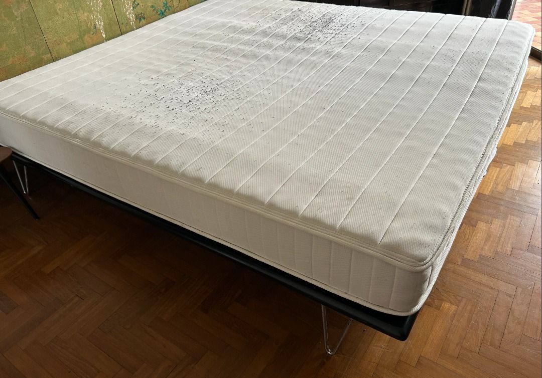 King Size Designer Bed Frame & Mattress (Category: Bed Frames & Mattresses) located in Singapore. Submitted by dapanson (Listing ID 1432088377, Image 3). Description: - Designer Bed Frame Minimal / Vintage - King-size mattress - Stylish design - Includes black bed frame - Selling as is - Not including backboard - Self-collection only .