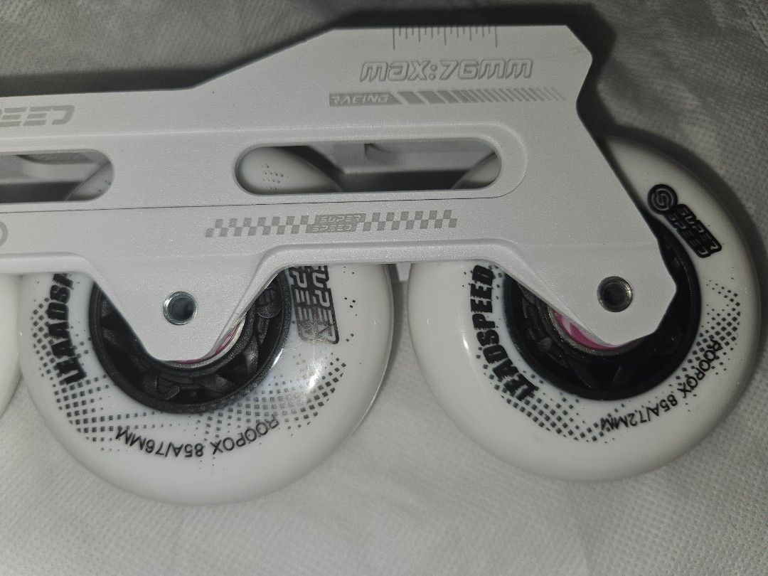 LeadSpeed Inline Skate Frames (Category: Skates, Rollerblades & Scooters) located in Singapore. Submitted by aggressiveimbaachiever (Listing ID 1432047872, Image 2). Description: - LeadSpeed inline skate frames - Designed for 4x76mm wheels - White frames - Black and white wheels included - New ILQ-9 bearings included .
