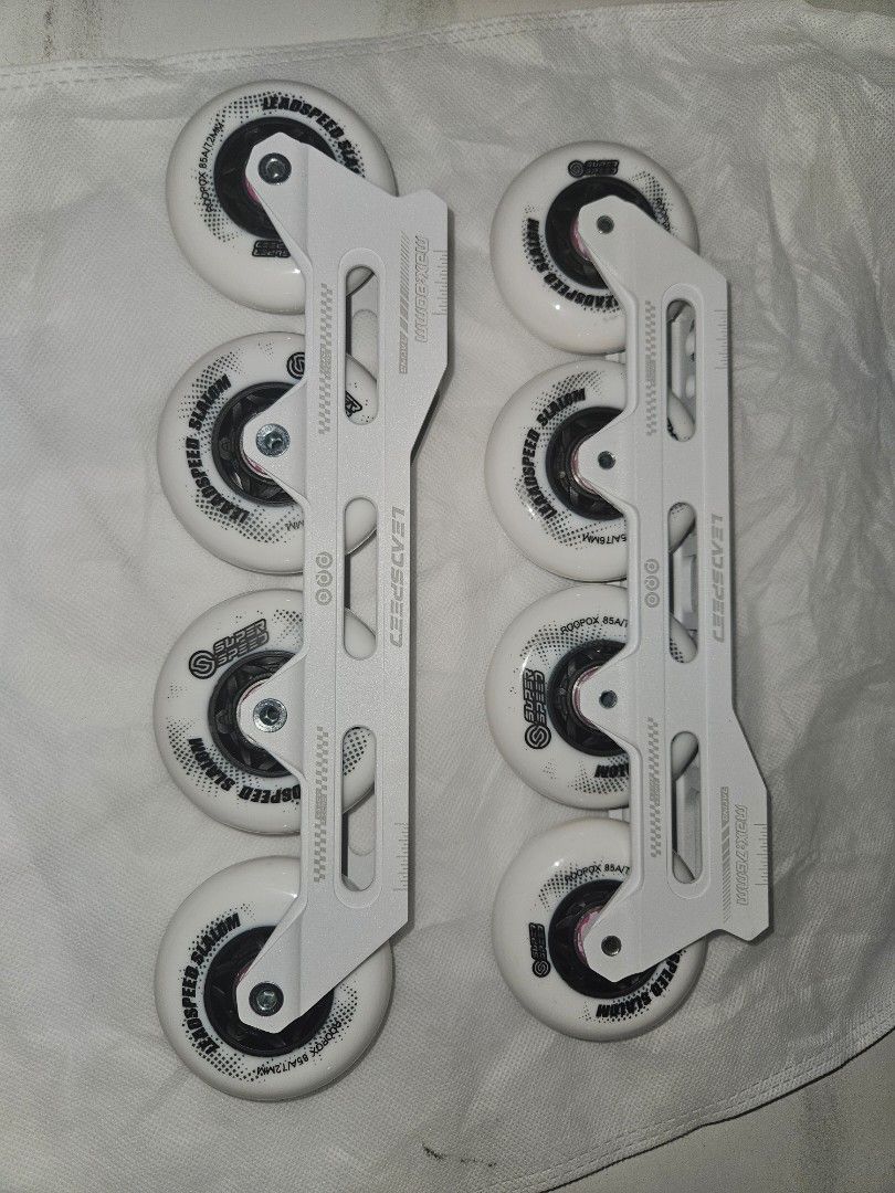 LeadSpeed Inline Skate Frames (Category: Skates, Rollerblades & Scooters) located in Singapore. Submitted by aggressiveimbaachiever (Listing ID 1432047872, Image 1). Description: - LeadSpeed inline skate frames - Designed for 4x76mm wheels - White frames - Black and white wheels included - New ILQ-9 bearings included .