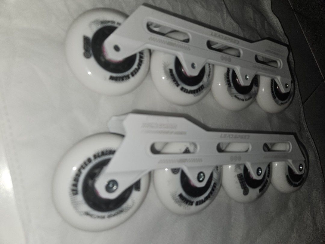 LeadSpeed Inline Skate Frames (Category: Skates, Rollerblades & Scooters) located in Singapore. Submitted by aggressiveimbaachiever (Listing ID 1432047872, Image 3). Description: - LeadSpeed inline skate frames - Designed for 4x76mm wheels - White frames - Black and white wheels included - New ILQ-9 bearings included .